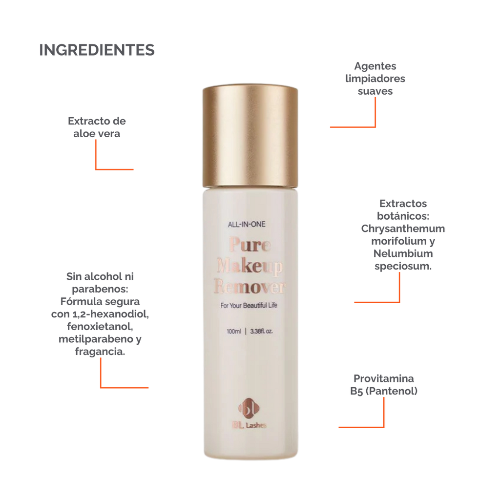 Botella de 100 ml de Pure Clear Lip & Eye Makeup Remover BL Lashes, envase transparente con etiqueta, sobre fondo blanco, concepto desmaquillante oil‑free seguro para extensiones