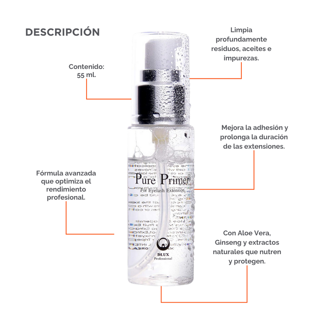 Pure Primer DLUX Preparador Extensiones Pestañas Limpieza Profesional Adhesión Alta Calidad
