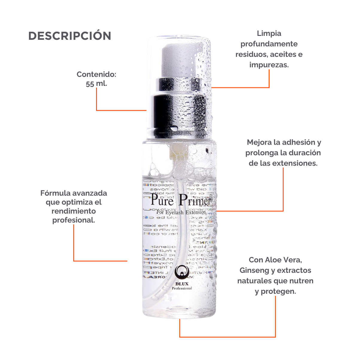 Pure Primer DLUX Preparador Extensiones Pestañas Limpieza Profesional Adhesión Alta Calidad
