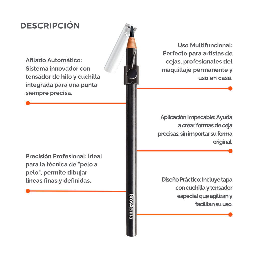 Lápiz de Cejas Auto‑afilable BrowXenna® en mano profesional, mostrando sistema de afilado automático y precisión en delineado.