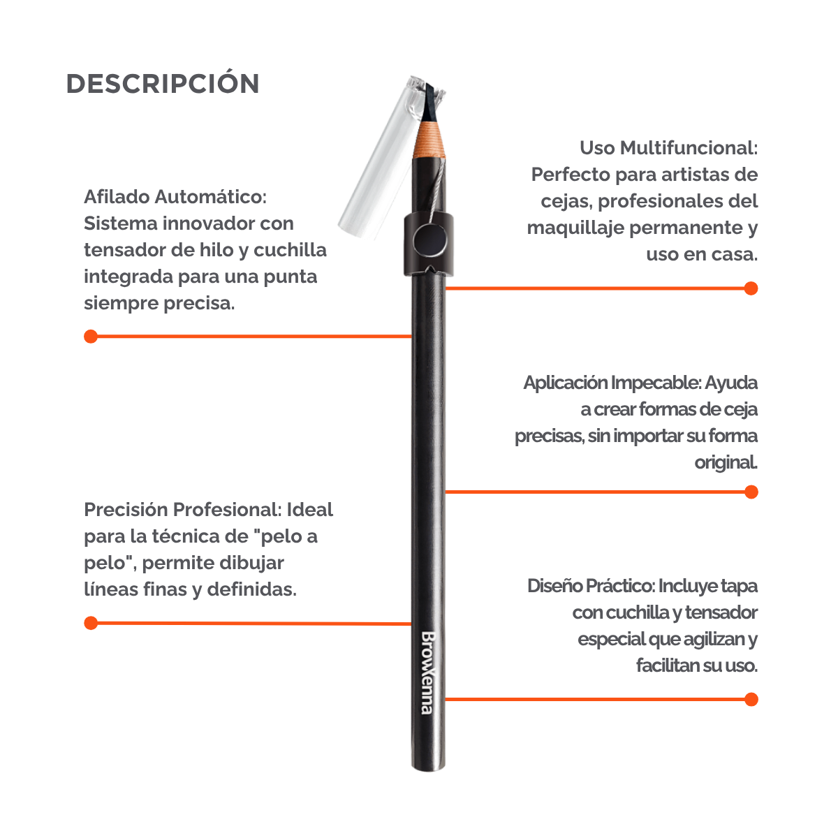 Lápiz de Cejas Auto‑afilable BrowXenna® en mano profesional, mostrando sistema de afilado automático y precisión en delineado.