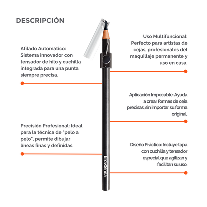 Lápiz de Cejas Auto‑afilable BrowXenna® en mano profesional, mostrando sistema de afilado automático y precisión en delineado.