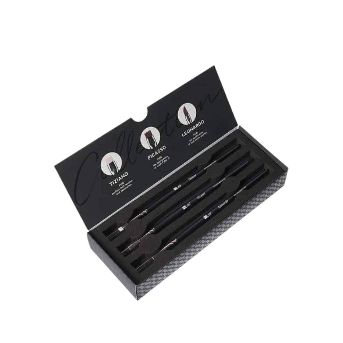 Set profesional InLei Brow Collection de 3 brochas – Rembrandt, Francisco, Michelangelo – diseño italiano, fibras sintéticas, mango de abedul, herramientas premium para cejas