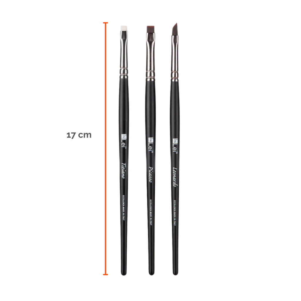 Set profesional InLei Brow Collection de 3 brochas – Rembrandt, Francisco, Michelangelo – diseño italiano, fibras sintéticas, mango de abedul, herramientas premium para cejas