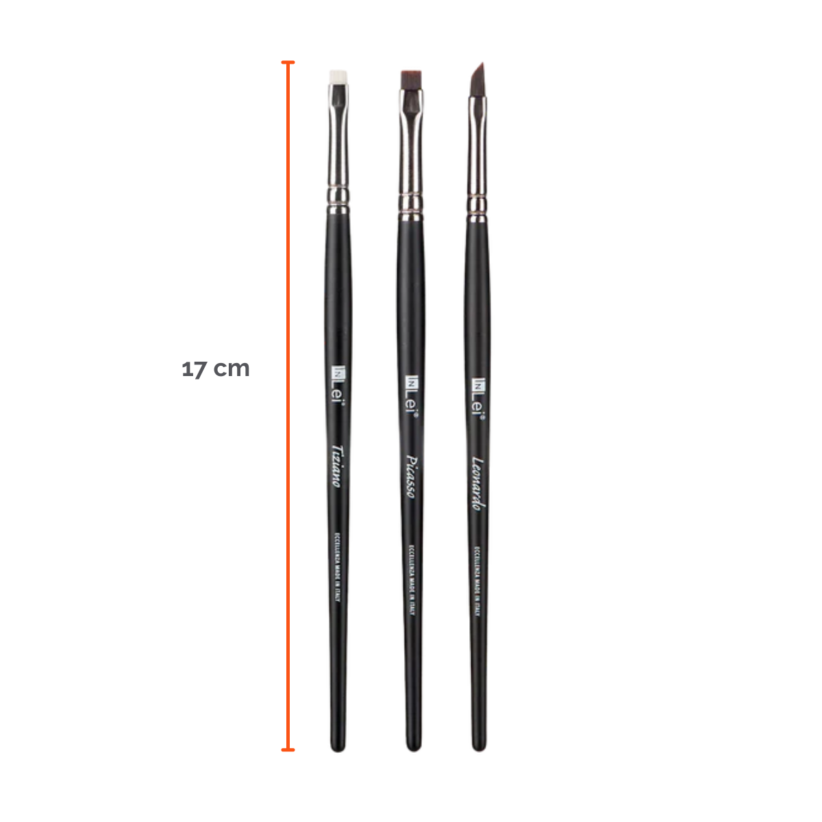 Set profesional InLei Brow Collection de 3 brochas – Rembrandt, Francisco, Michelangelo – diseño italiano, fibras sintéticas, mango de abedul, herramientas premium para cejas