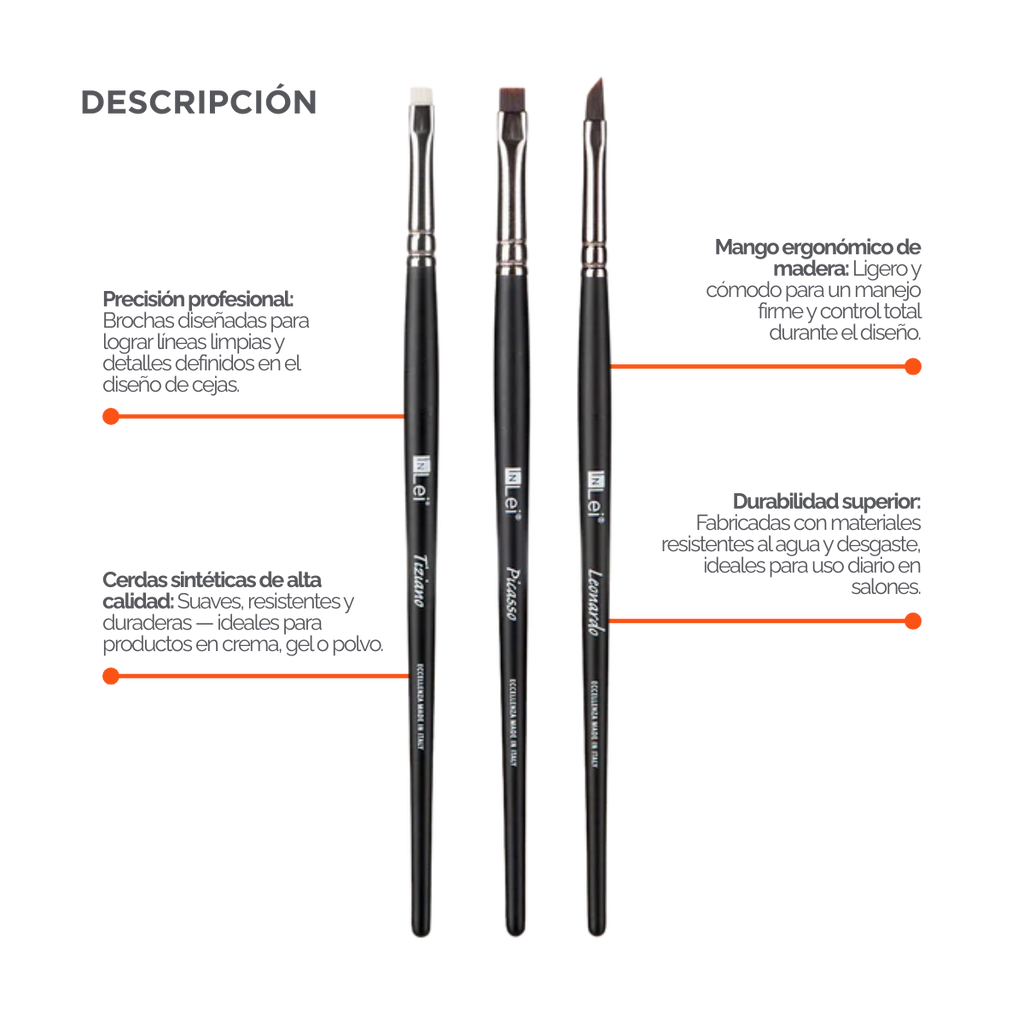 Set profesional InLei Brow Collection de 3 brochas – Rembrandt, Francisco, Michelangelo – diseño italiano, fibras sintéticas, mango de abedul, herramientas premium para cejas
