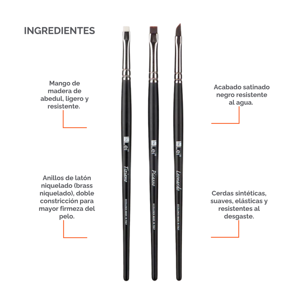 Set profesional InLei Brow Collection de 3 brochas – Rembrandt, Francisco, Michelangelo – diseño italiano, fibras sintéticas, mango de abedul, herramientas premium para cejas