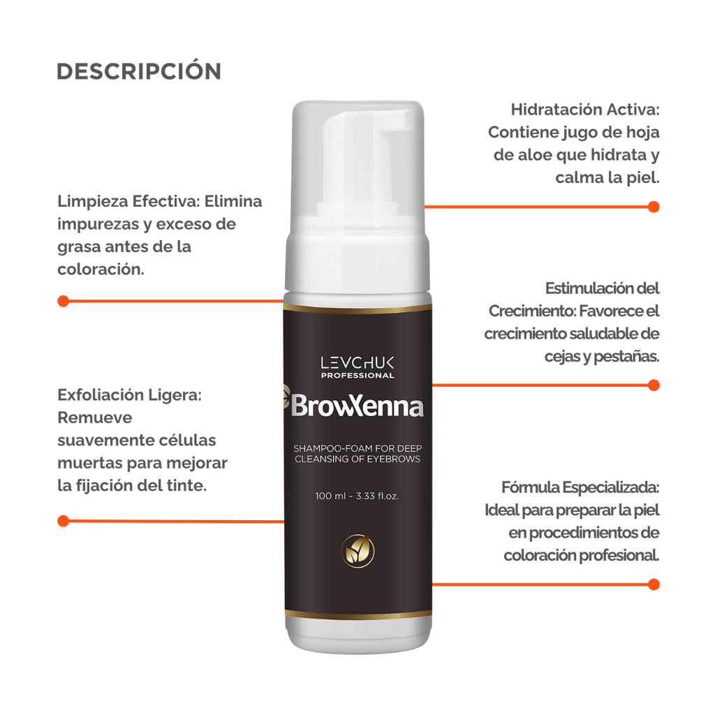 Frasco de BrowXenna Shampoo‑Foam, espuma limpiadora profunda para cejas y pestañas, ideal para pretratamiento antes de tintado y laminación.