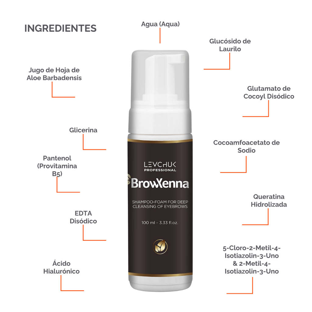 Frasco de BrowXenna Shampoo‑Foam, espuma limpiadora profunda para cejas y pestañas, ideal para pretratamiento antes de tintado y laminación.