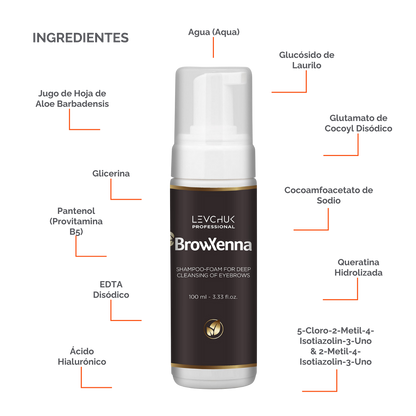 Frasco de BrowXenna Shampoo‑Foam, espuma limpiadora profunda para cejas y pestañas, ideal para pretratamiento antes de tintado y laminación.