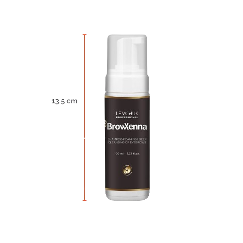 Frasco de 100 ml de BrowXenna Shampoo‑Foam, espuma limpiadora profunda para cejas y pestañas, ideal para pretratamiento antes de tintado y laminación.