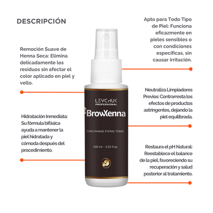 Two Phase Tonic BrowXenna 100 ml-solución bifásica profesional para eliminar henna y tintes de cejas de forma efectiva, suave e hidratante, ideal para preparaciones y correcciones en cabina.
