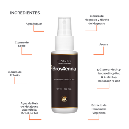 Two Phase Tonic BrowXenna 100 ml-solución bifásica profesional para eliminar henna y tintes de cejas de forma efectiva, suave e hidratante, ideal para preparaciones y correcciones en cabina.
