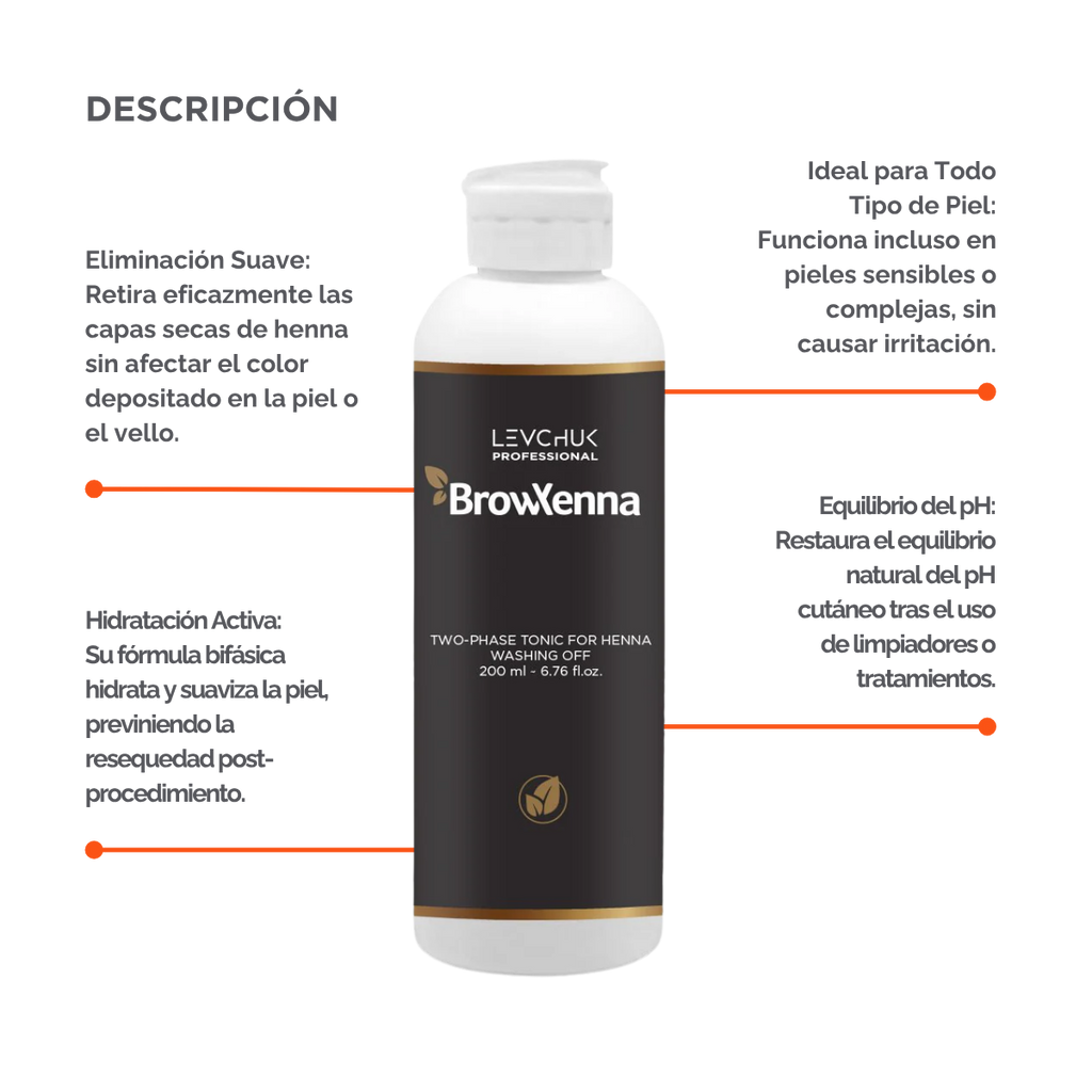 Two Phase Tonic BrowXenna 200 ml-solución bifásica profesional para eliminar henna y tintes de cejas de forma efectiva, suave e hidratante, ideal para preparaciones y correcciones en cabina.