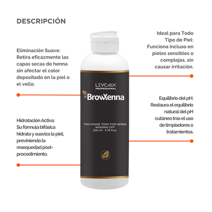 Two Phase Tonic BrowXenna 200 ml-solución bifásica profesional para eliminar henna y tintes de cejas de forma efectiva, suave e hidratante, ideal para preparaciones y correcciones en cabina.