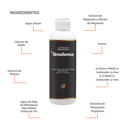 Two Phase Tonic BrowXenna 200 ml-solución bifásica profesional para eliminar henna y tintes de cejas de forma efectiva, suave e hidratante, ideal para preparaciones y correcciones en cabina.