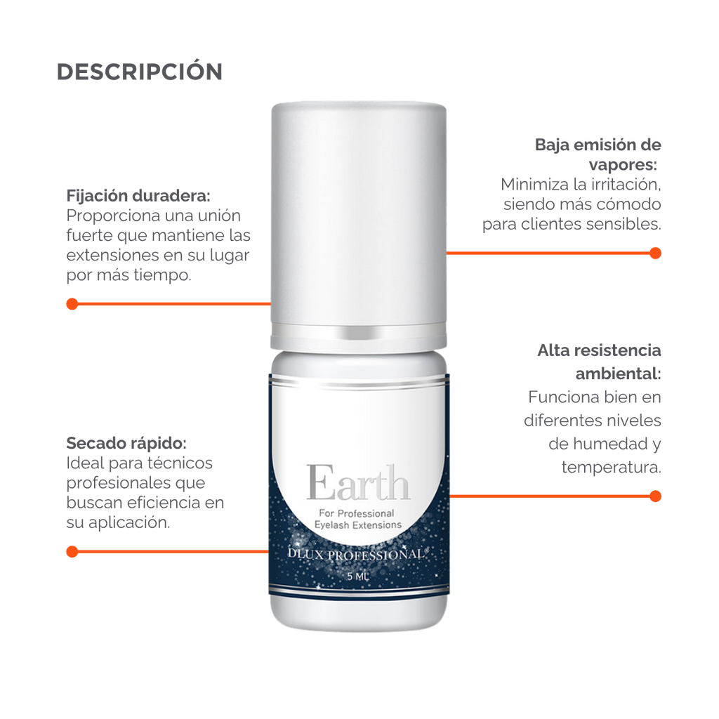 Botella de DLUX Universe Earth Adhesive (pegamento negro para extensiones de pestañas) con fondo claro, diseño de envase sofisticado, aplicador tipo gotero