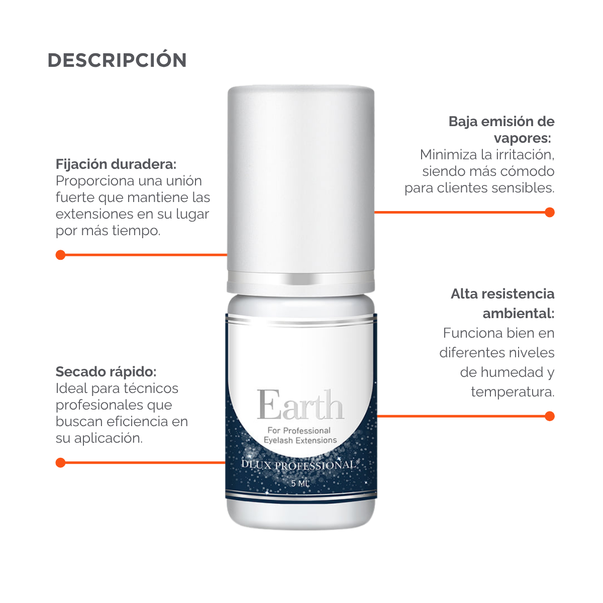 Botella de DLUX Universe Earth Adhesive (pegamento negro para extensiones de pestañas) con fondo claro, diseño de envase sofisticado, aplicador tipo gotero