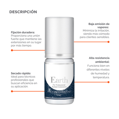 Botella de DLUX Universe Earth Adhesive (pegamento negro para extensiones de pestañas) con fondo claro, diseño de envase sofisticado, aplicador tipo gotero