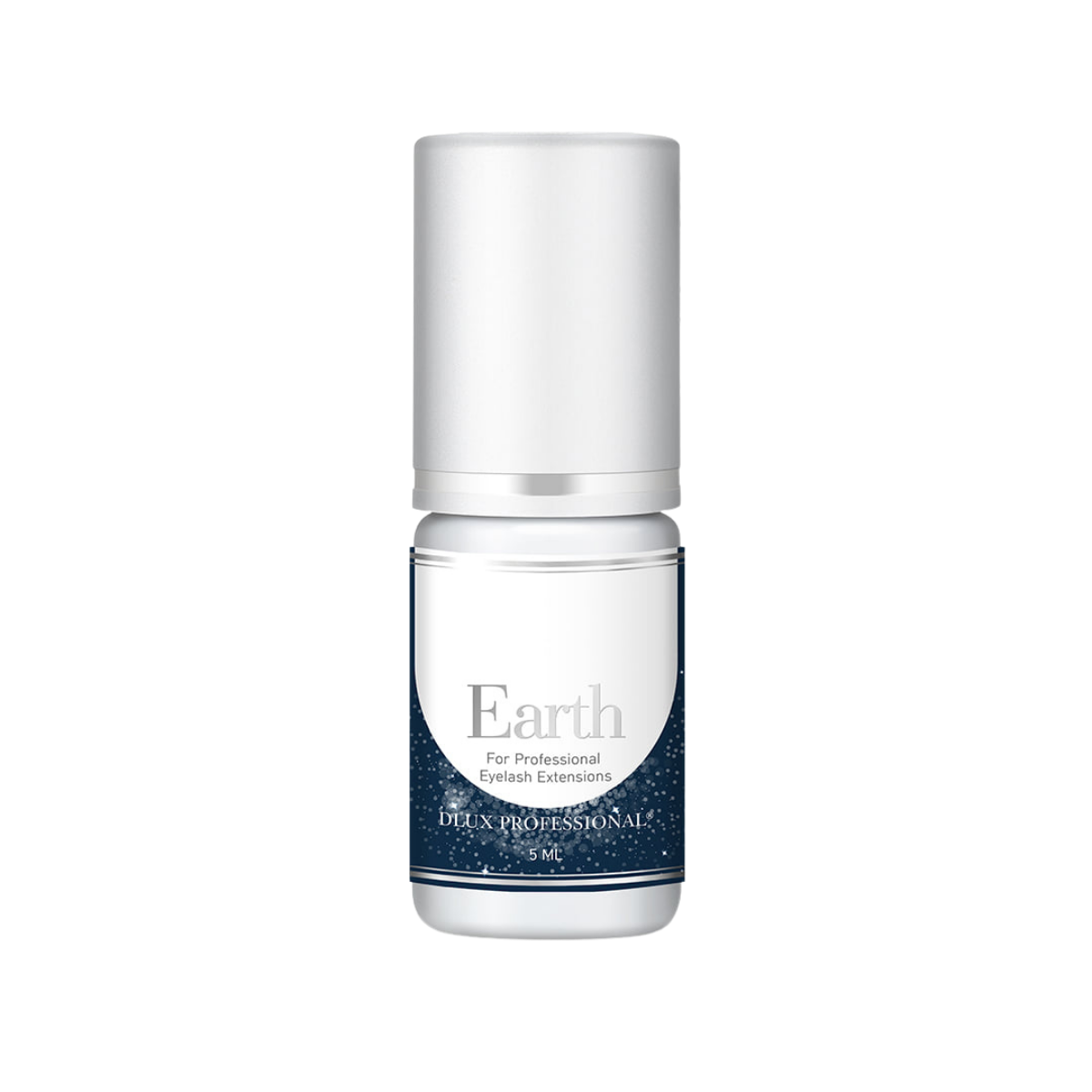 Botella de DLUX Universe Earth Adhesive (pegamento negro para extensiones de pestañas) con fondo claro, diseño de envase sofisticado, aplicador tipo gotero