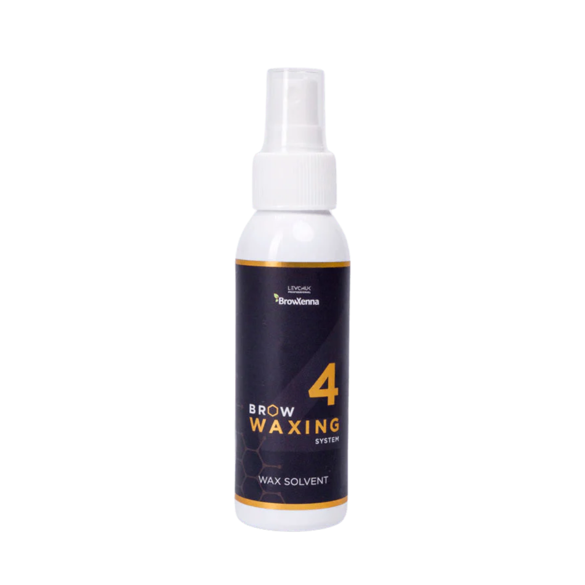 Frasco de 100 ml de solvente BrowXenna Wax Solvent #4, solución rápida para eliminar residuos de cera sólida tras la depilación, ideal para acabados impecables en estudios profesionales.