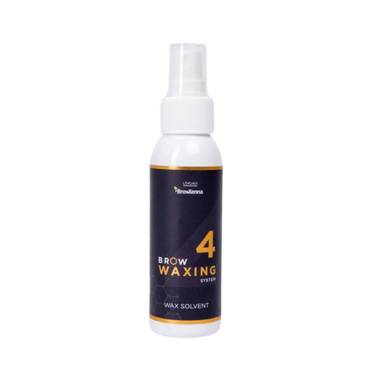 Frasco de 100 ml de solvente BrowXenna Wax Solvent #4, solución rápida para eliminar residuos de cera sólida tras la depilación, ideal para acabados impecables en estudios profesionales.
