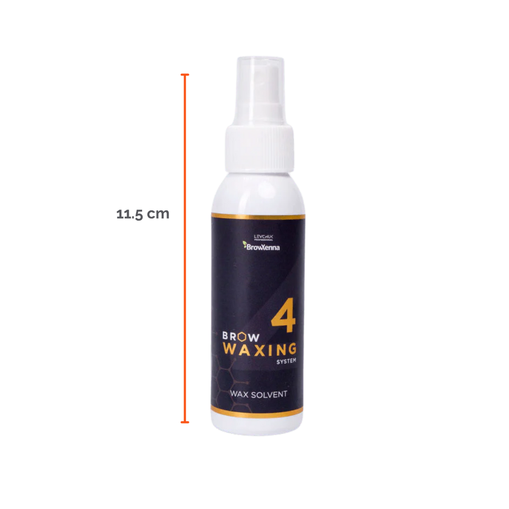 Frasco de 100 ml de solvente BrowXenna Wax Solvent #4, solución rápida para eliminar residuos de cera sólida tras la depilación, ideal para acabados impecables en estudios profesionales.