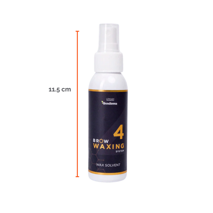 Frasco de 100 ml de solvente BrowXenna Wax Solvent #4, solución rápida para eliminar residuos de cera sólida tras la depilación, ideal para acabados impecables en estudios profesionales.