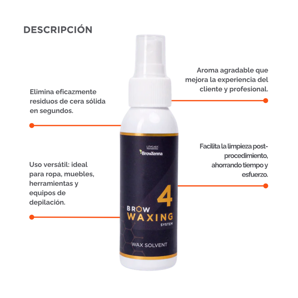 Frasco de 100 ml de solvente BrowXenna Wax Solvent #4, solución rápida para eliminar residuos de cera sólida tras la depilación, ideal para acabados impecables en estudios profesionales.