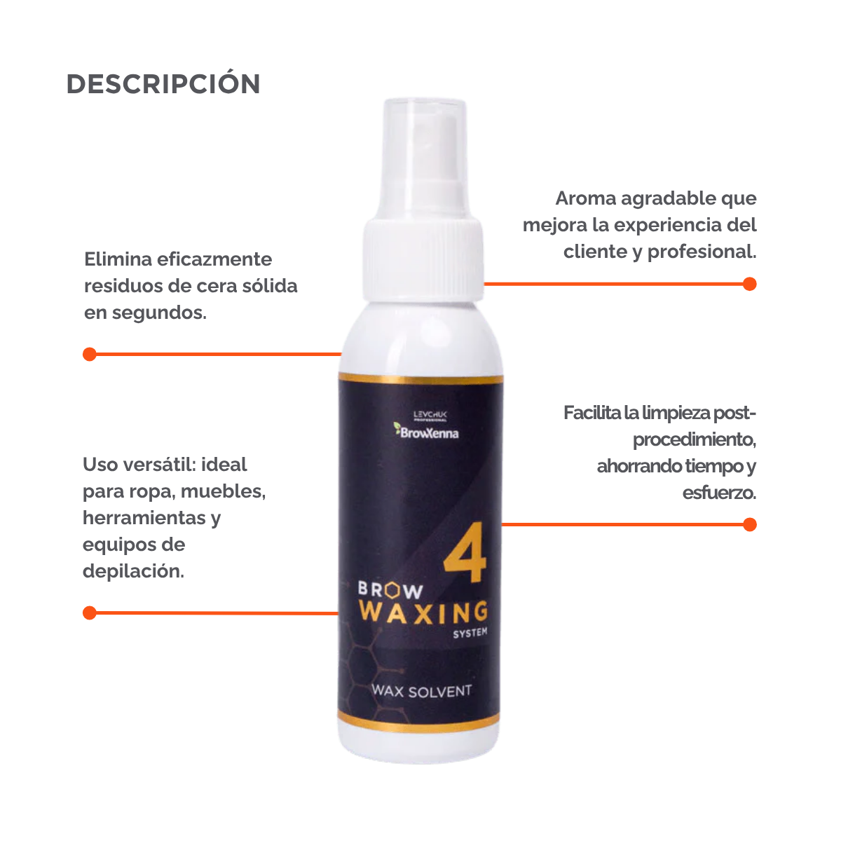 Frasco de 100 ml de solvente BrowXenna Wax Solvent #4, solución rápida para eliminar residuos de cera sólida tras la depilación, ideal para acabados impecables en estudios profesionales.