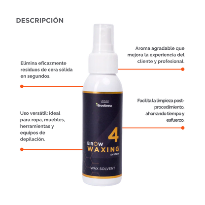 Frasco de 100 ml de solvente BrowXenna Wax Solvent #4, solución rápida para eliminar residuos de cera sólida tras la depilación, ideal para acabados impecables en estudios profesionales.