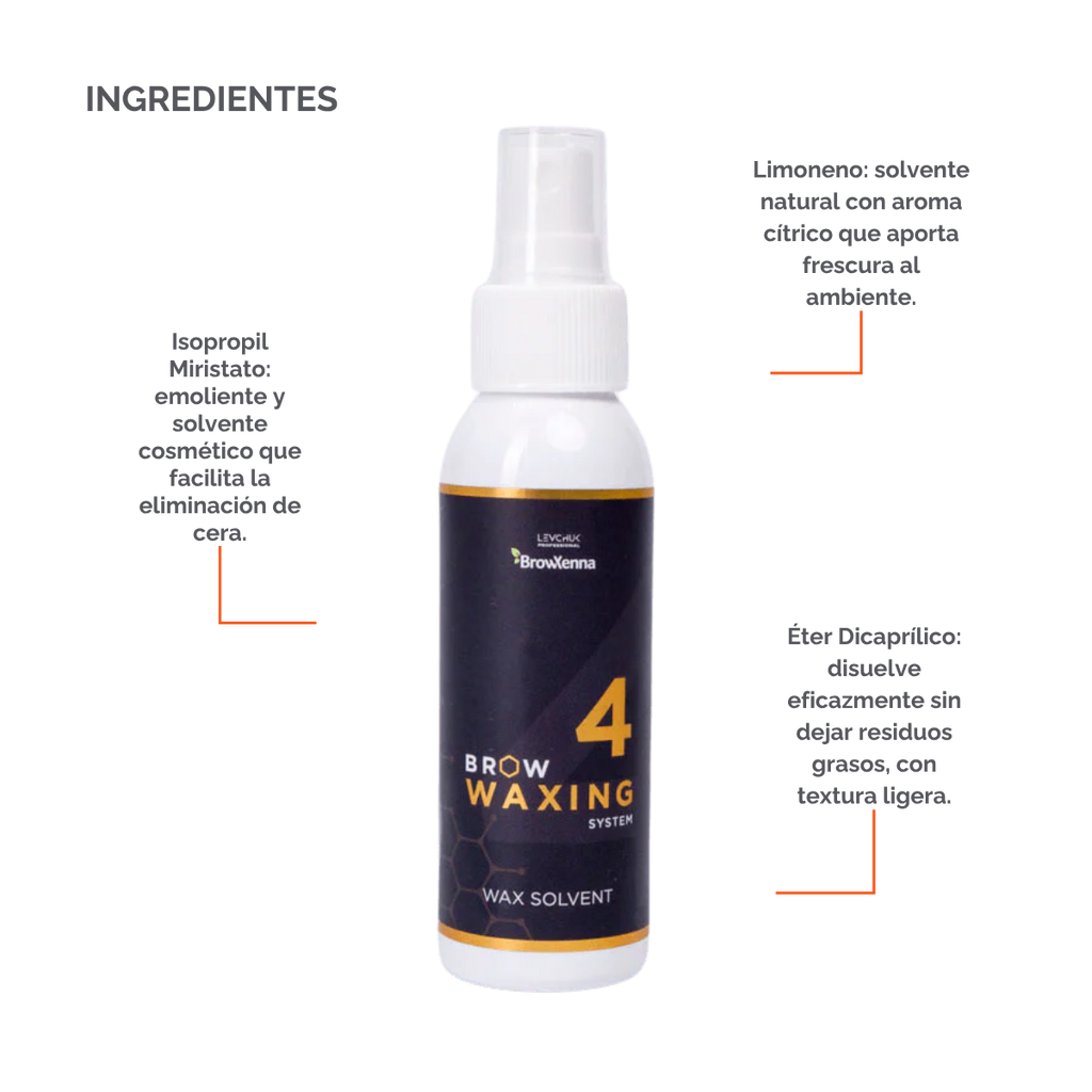 Frasco de 100 ml de solvente BrowXenna Wax Solvent #4, solución rápida para eliminar residuos de cera sólida tras la depilación, ideal para acabados impecables en estudios profesionales.