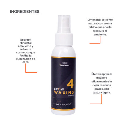 Frasco de 100 ml de solvente BrowXenna Wax Solvent #4, solución rápida para eliminar residuos de cera sólida tras la depilación, ideal para acabados impecables en estudios profesionales.