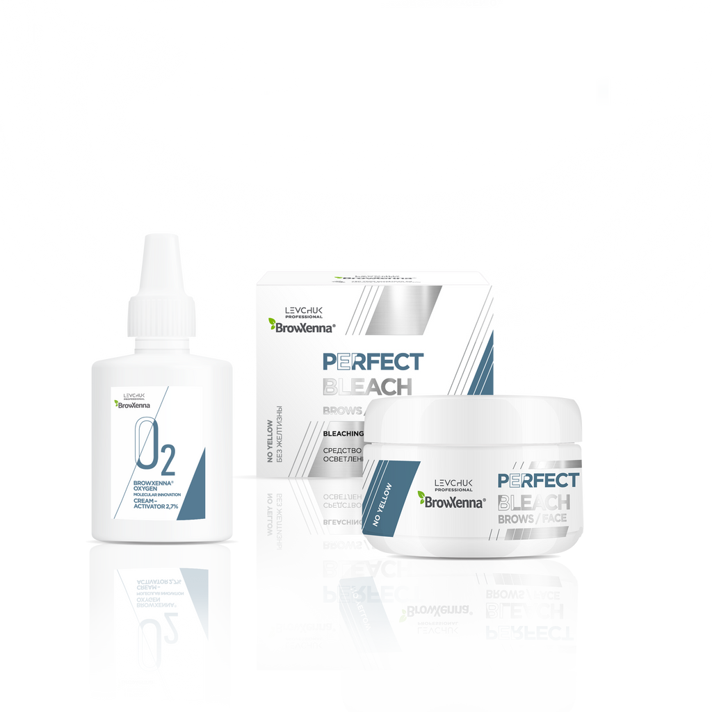 Set de Decoloración Perfect Bleach de BrowXenna® con polvo aclarante y crema activadora. Ideal para aclarar cejas de forma profesional hasta en 4 tonos. Incluye cuchara medidora y componentes nutritivos como proteína de seda y maíz.