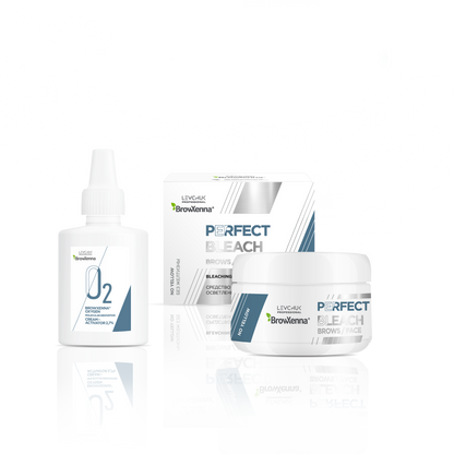 Set de Decoloración Perfect Bleach de BrowXenna® con polvo aclarante y crema activadora. Ideal para aclarar cejas de forma profesional hasta en 4 tonos. Incluye cuchara medidora y componentes nutritivos como proteína de seda y maíz.